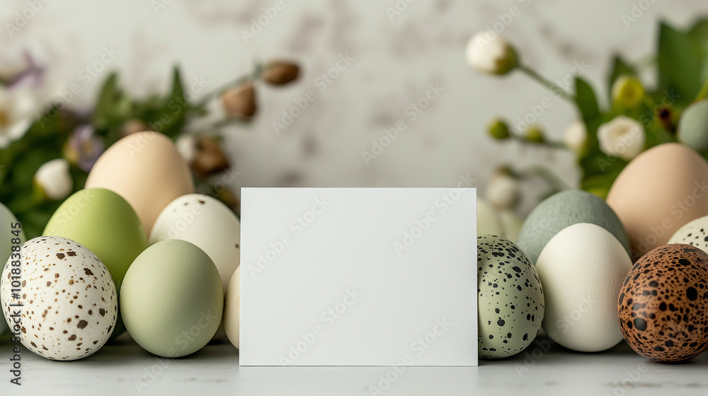 Poster easter table setup mockup with a blank name card placed on a decorated table, surrounded by spring f