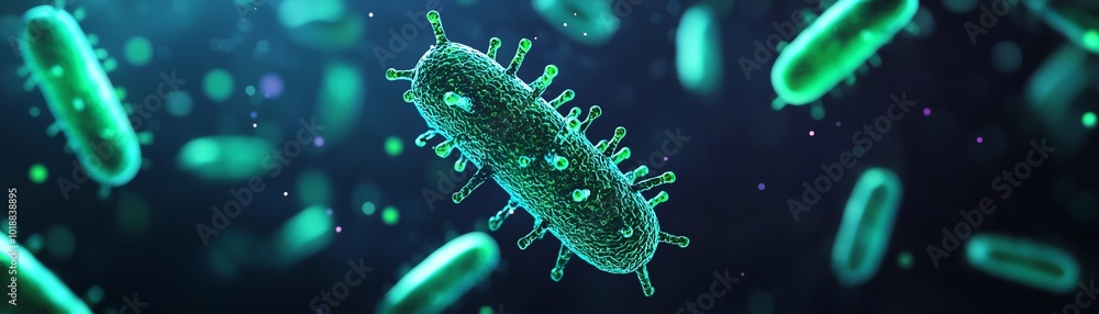 Poster close-up of vibrant bacteria under a microscope, showcasing intricate shapes and details in a colorf