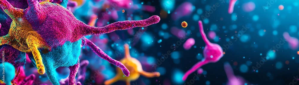 Poster colorful microscopic view of bacteria with dynamic shapes and vibrant hues, showcasing the complexit