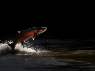 Fototapeta premium Wildlife Photography of Jumping Salmon with Water Splash on Dark Background