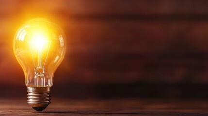 A light bulb is lit up and shining brightly on a wooden surface