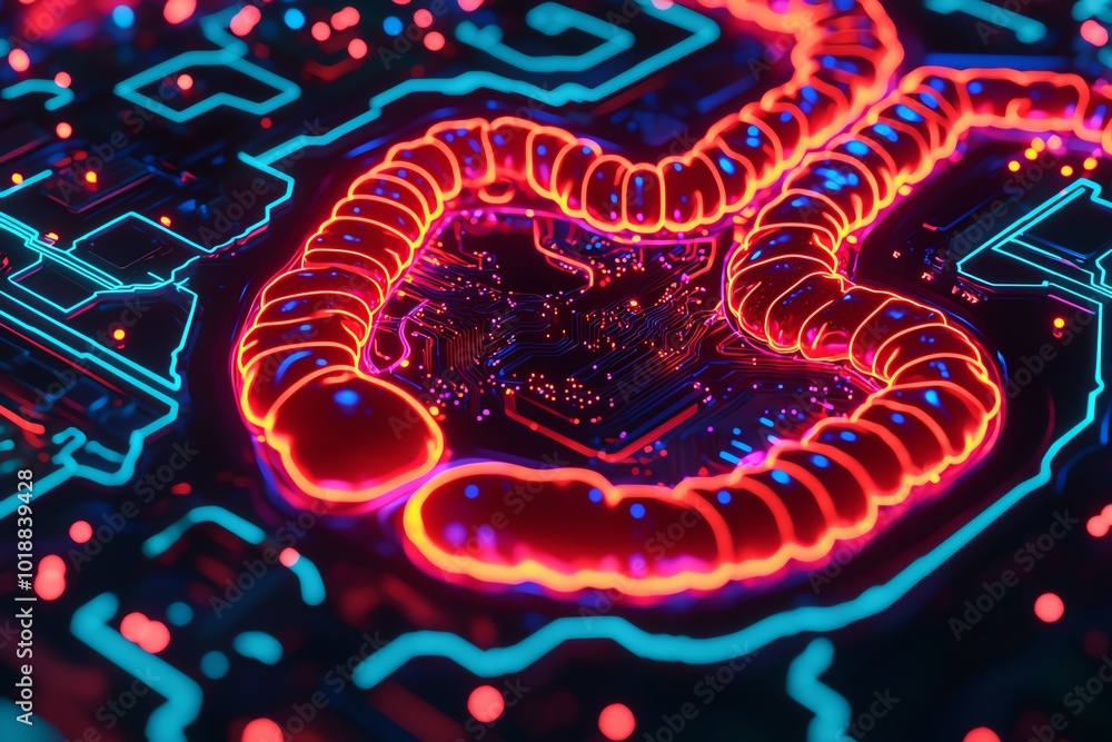 Poster vibrant digital circuit with abstract neon design resembling a worm, showcasing technology and innov