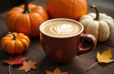 Autumn still life image with a cup of cappuccino, pumpkins, and various spices on a rustic wooden background.