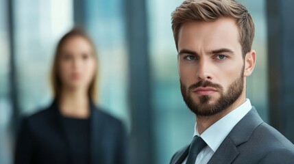 Fototapeta premium Employee maintaining a neutral expression while a narcissist coworker dominates a conversation, showing emotional resilience 