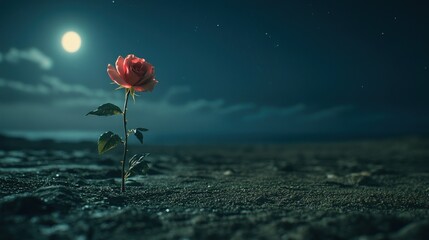 A single rose blooms under a full moon on a sandy beach.