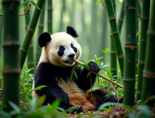 Satisfied giant panda enjoying bamboo food in a lush forest  