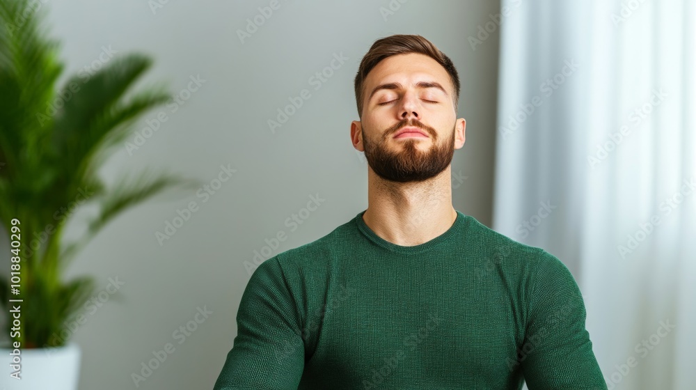 Poster Employee taking deep breaths at their desk, practicing mindfulness during a stressful workday, stress management theme 