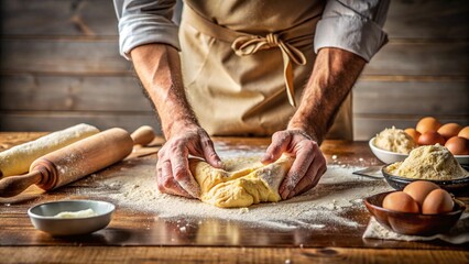 A close-up view of a baker’s hands gently folding a pastry dough. Fresh homemade dough is kneaded. The dough is smooth. resting on a wooden counter lightly dusted with flour. soft natural lighting