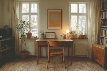 minimalistic and cozy interior featuring a single desk and chair accompanied by a picture frame and a softly lit poster embodying scandinavian simplicity