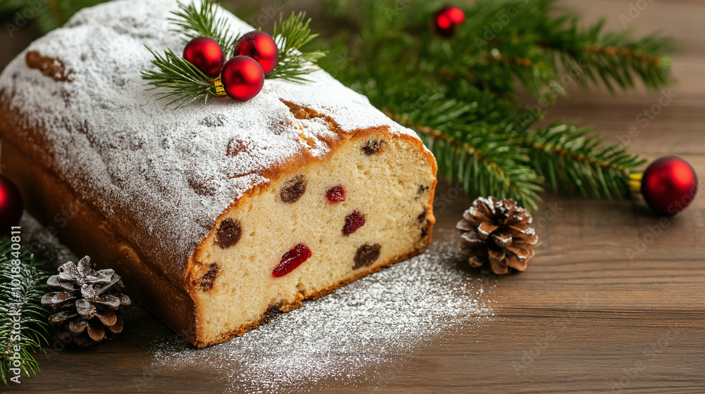 Sticker Festive German Stollen on a rustic wooden table adorned with powdered sugar and Christmas decorations 