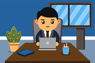 Manager working on a project in office Paperwork and laptop on the table background