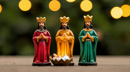 Obraz premium Figurines of the Three Wise Men placed beside a glowing nativity scene, honoring the Feast of the 3 Kings tradition 