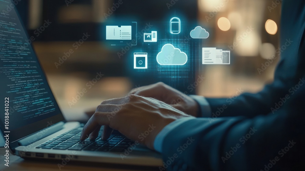 Poster a person typing on a laptop with digital icons representing cloud computing and security.