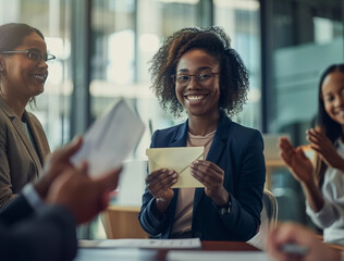 A cheerful businesswoman receives an award envelope during a meeting, with colleagues applauding her achievement in a professional setting.

