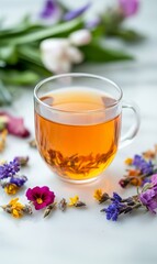 Floral tea blend in a clear cup with dried flowers surrounding it, emphasizing the natural beauty of herbal tea infusions 