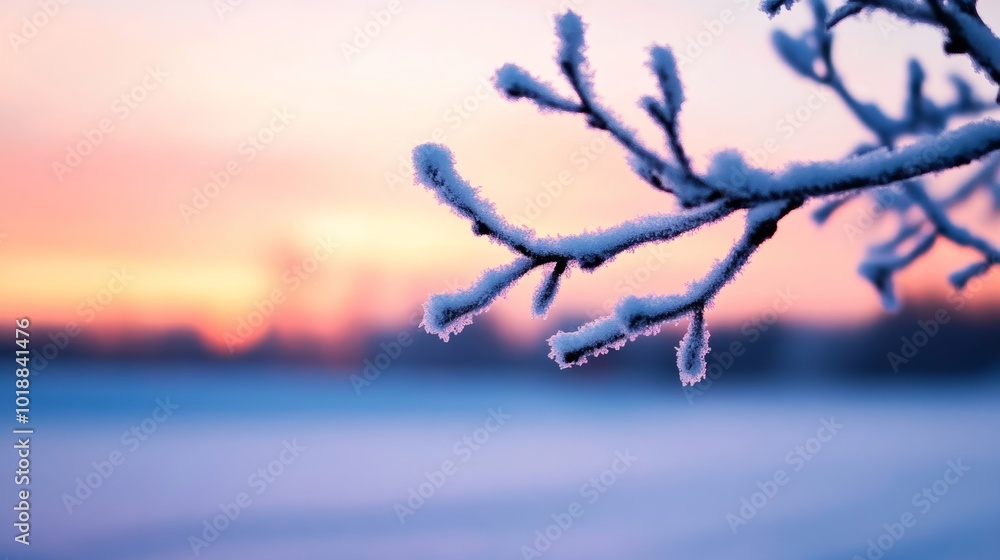 Wall mural Frost-covered tree branches glisten under a pastel pink and orange dawn sky creating a tranquil November scene 