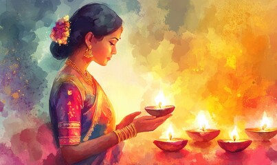 Diwali Tradition - Woman Lighting Oil Lamps for Hindu Festival. Happy Diwali. Diya oil lamp in woman hands .Traditional Hindu holiday. Religious festival of lights. Watercolor illustration