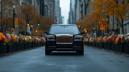 Fototapeta premium Funeral hearse driving through city streets lined with mourners and flowers, famous person’s last journey, public memorial theme 