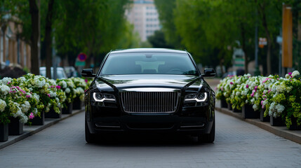 Funeral hearse driving through city streets lined with mourners and flowers, famous person’s last journey, public memorial theme 