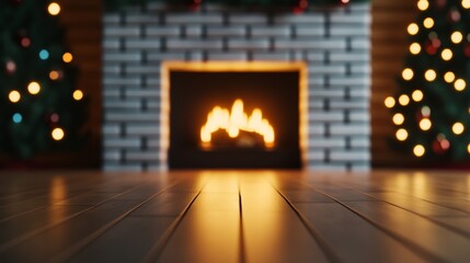 Fototapeta premium Glowing fireplace with holiday ornaments and a Christmas tree nearby, creating a serene and cozy Christmas atmosphere 