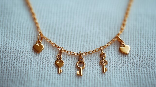 Gold necklace with dangling charms like miniature keys, hearts, and lockets on a soft white background 