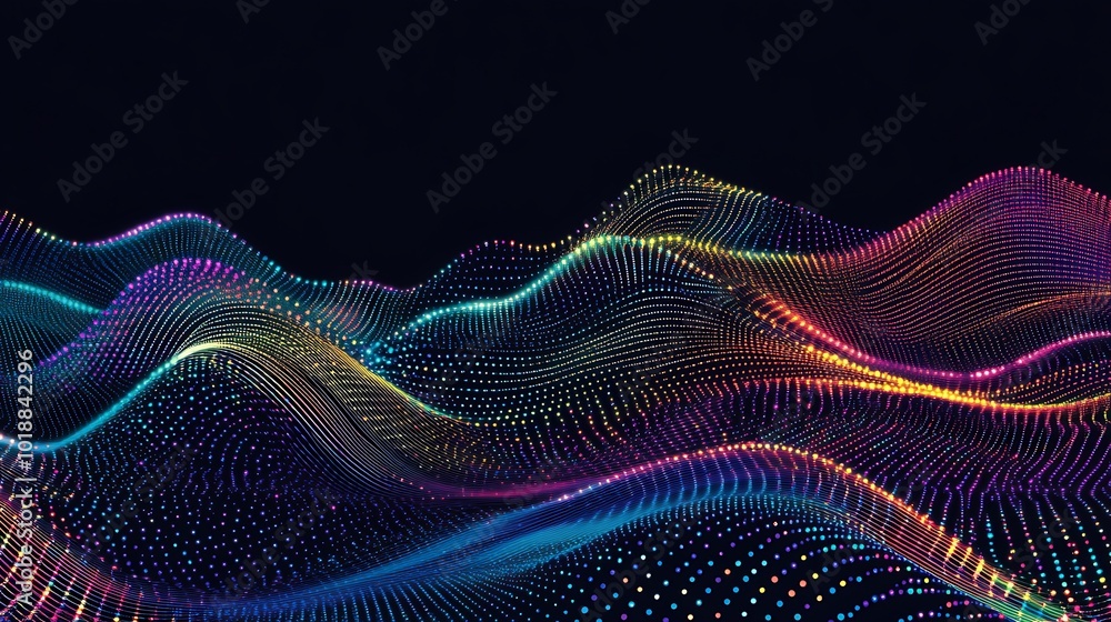 Poster Abstract colorful wave pattern of interconnected dots on a dark background, representing a digital network or data flow.