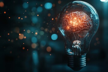 Digital brain inside a lightbulb on dark background, artificial intelligence technology