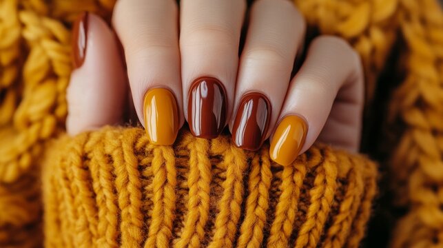 Hand with tortoise shell nails resting on a cozy knitted sweater, combining warm tones for a fall-inspired manicure look 