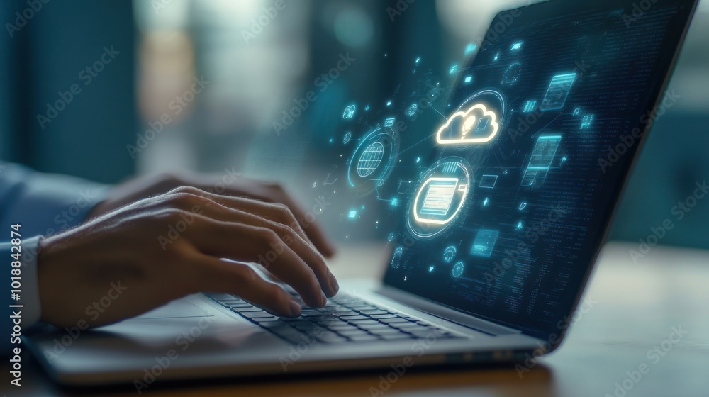 Poster a person typing on a laptop with digital cloud and data graphics.