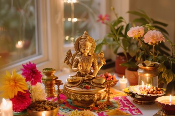 Obraz premium Festive Lakshmi Puja Setup with Gold Statue and Rangoli in Modern Home Interior