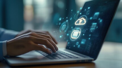 A person typing on a laptop with digital cloud and data graphics.