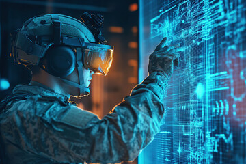 Warfare analytic operator checking coordination of the military troops on a digital device with virtual reality glasses