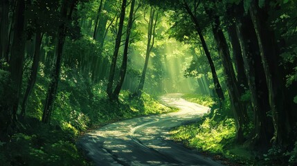 Obraz premium A winding road through a lush green forest with sunlight streaming through the trees.