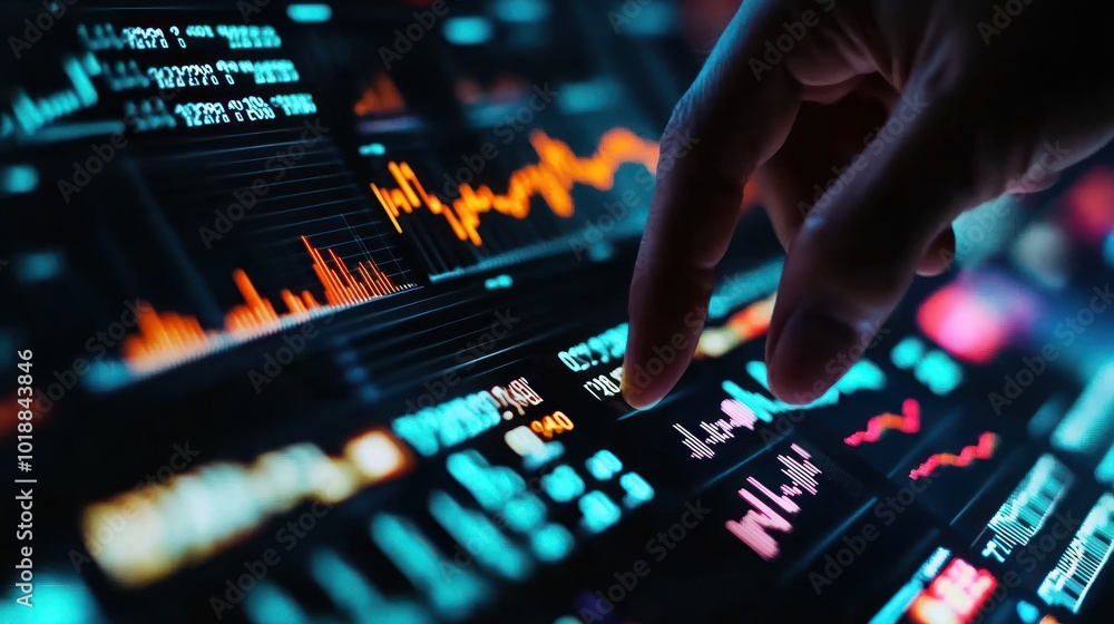 Poster a close-up of a hand interacting with a digital financial data display.
