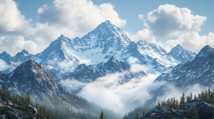 Majestic mountain landscape with snow-capped peaks and cloudy sky for travel inspiration