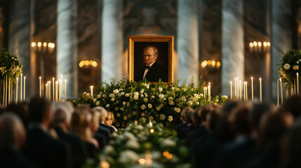 Memorial portrait surrounded by bouquets and candles in a grand hall filled with people, famous actor's funeral tribute 