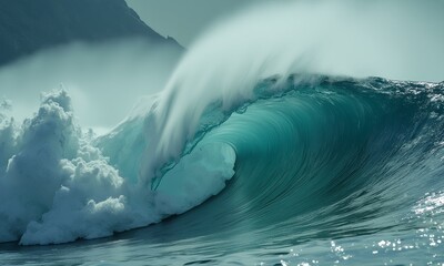 A massive tsunami wave approaches the coastline, threatening to engulf everything in its path. Nature's fury unleashed.