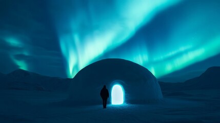 Obraz premium Northern lights illuminating the sky over a snowy igloo village in Lapland, a magical winter wonderland destination 