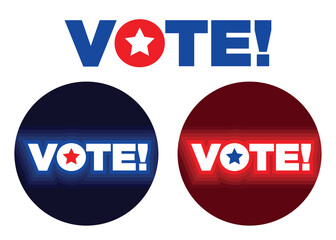 Election vote buttons and text with a star shape icon in red, white, and blue.