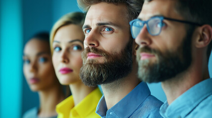 Office team brainstorming on a whiteboard with post-it notes and charts, energized return to office teamwork 