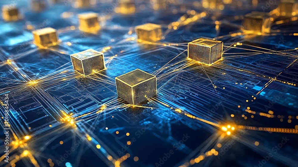 Poster Abstract image of gold cubes connected by glowing lines on a blue and black circuit board, symbolizing a network, connectivity, or data flow.