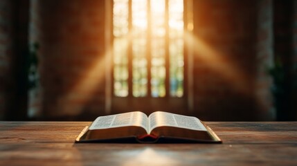 Open Bible on an empty wooden altar with sunlight pouring through stained glass, Christian worship theme 