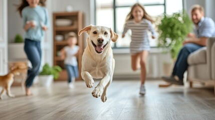 Naklejka na ściany i meble Happy family and pet dog playing in a modern living room. Candid moment with dynamic movement.