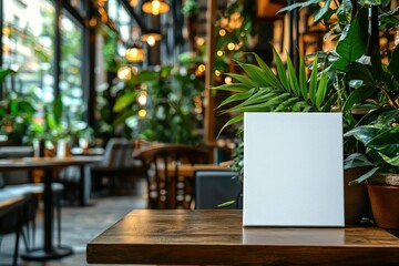 White Blank Canvas on Wooden Table with Green Plants and a Blurry Cafe Interior