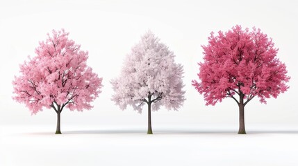 Three trees representing different seasons in watercolor style on a white background. Season change concept