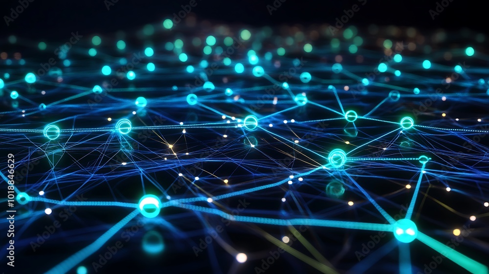 Poster abstract glowing blue and white network of interconnected nodes and lines on a dark background.