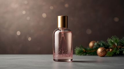 Wagon perfume products in gold style on light background behind apple branch with new year toys