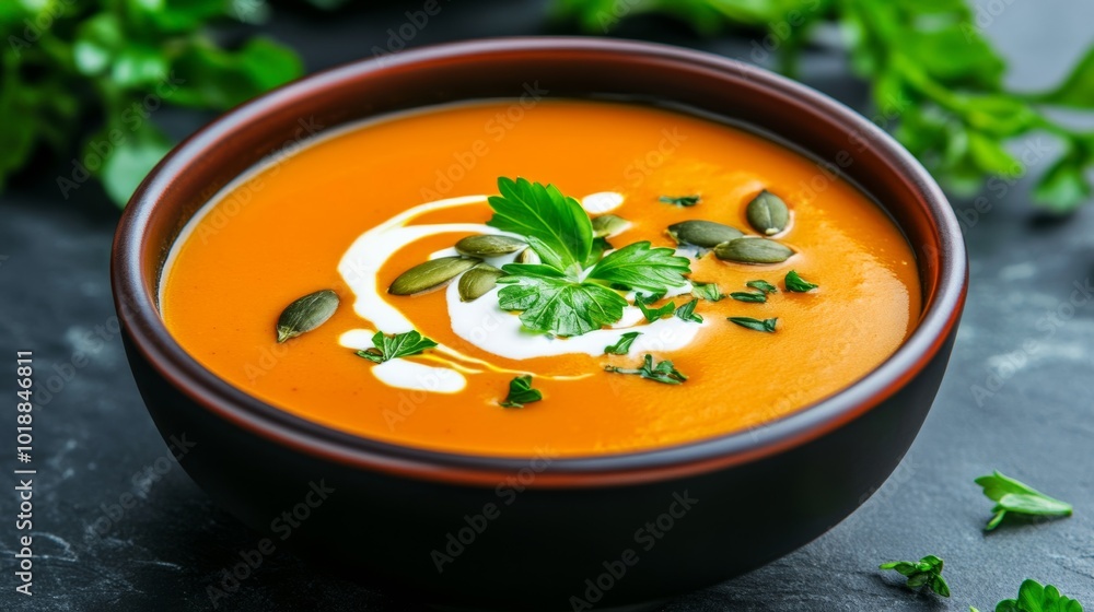 Sticker Pumpkin soup in a bowl garnished with pumpkin seeds, cream swirl, and herbs on a dark slate background 