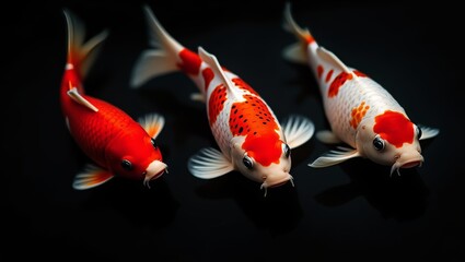Colorful koi fish swimming gracefully in a dark aquarium setting, showcasing their vibrant patterns and flowing fins