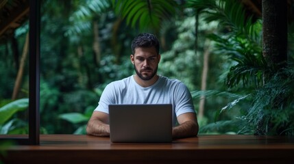 Remote worker using a laptop inside a treehouse, surrounded by lush jungle foliage, natural and creative workspace 